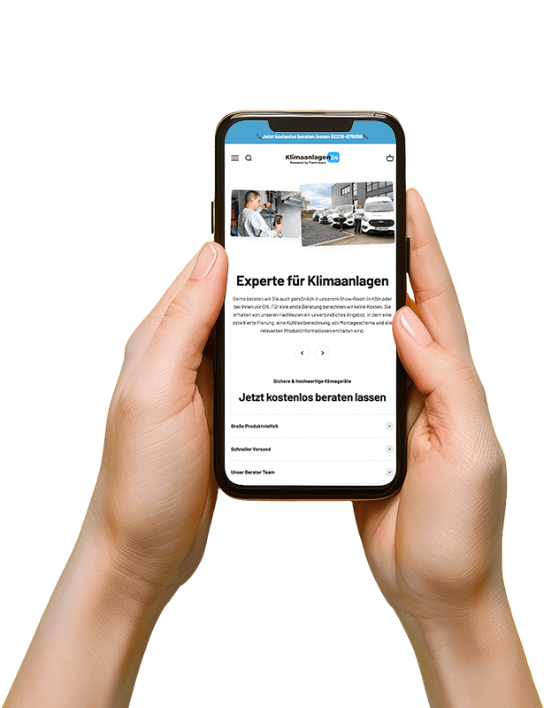 service-shop-2colhoch Smartphone mit Klimaanlagen-Webseite in Händen