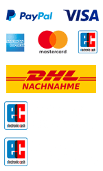Akzeptierte Zahlungsmethoden und DHL Versandoptionen.