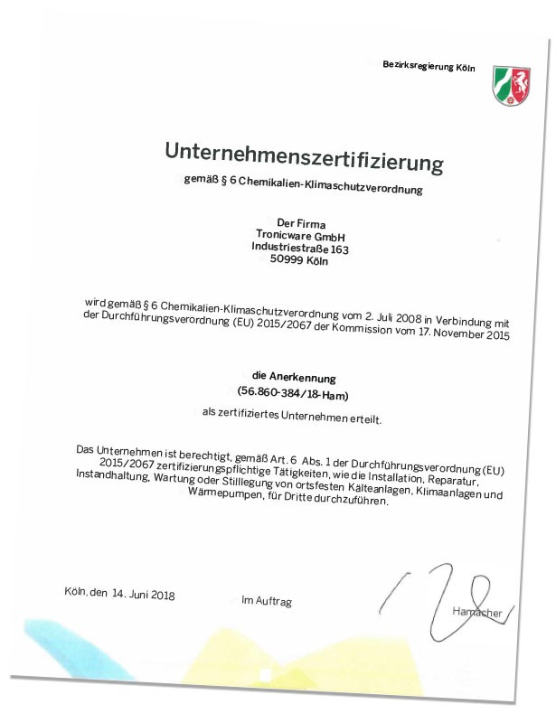 Zertifikat der Unternehmenszertifizierung, Bezirksregierung Köln, 2018.