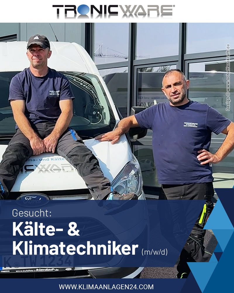 Kältetechniker gesucht, Personen vor Firmenwagen