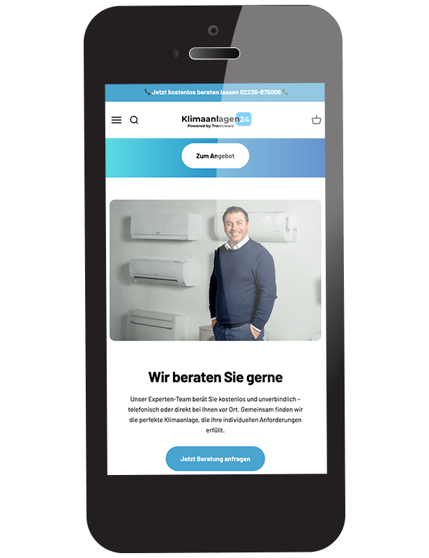 home-handy-2colhoch Smartphone mit Website für Klimaanlagenberatung